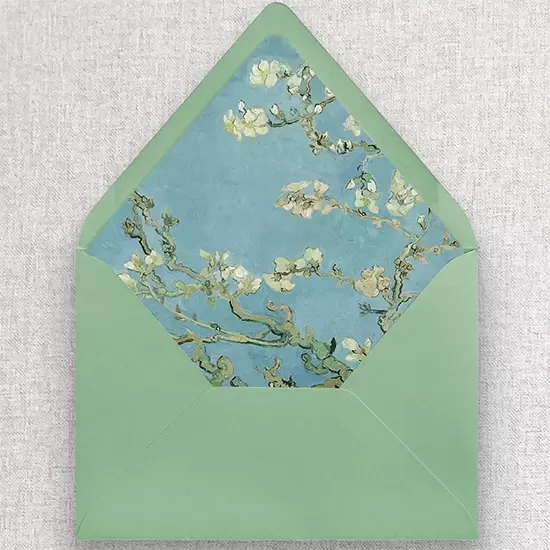 Green envelope with Van Gogh's Almond Blosson print on envelope liner. Colors are greens, soft cream flower buds and blue sky background.