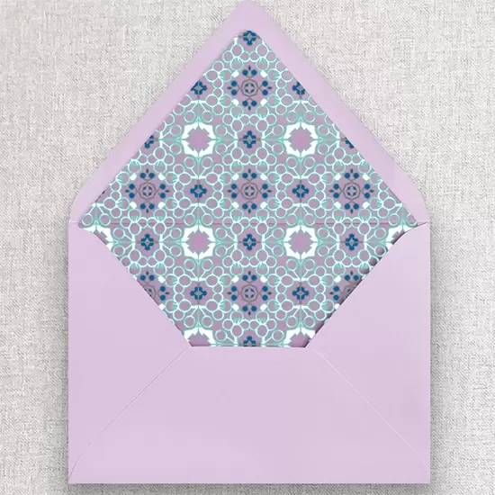 Lavender envelope with multi color pattern envelope liner.