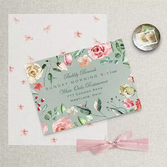 Sage green and floral brunch card, small floral on vellum overlay and light pink ribbon.