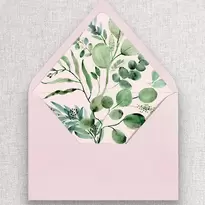 Dusty pink envelope lined with watercolor eucalytpus arrangement.