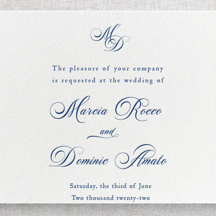 Invitation featuring letterpress printing technique with blue ink.