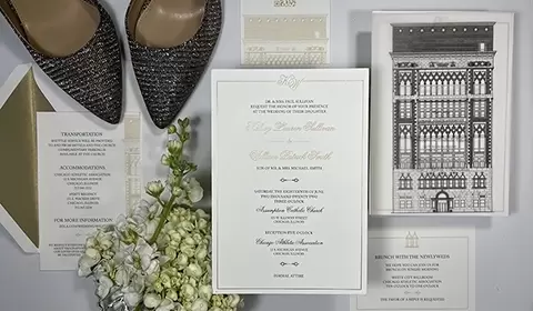 Gold foil, black and white invitation suite.