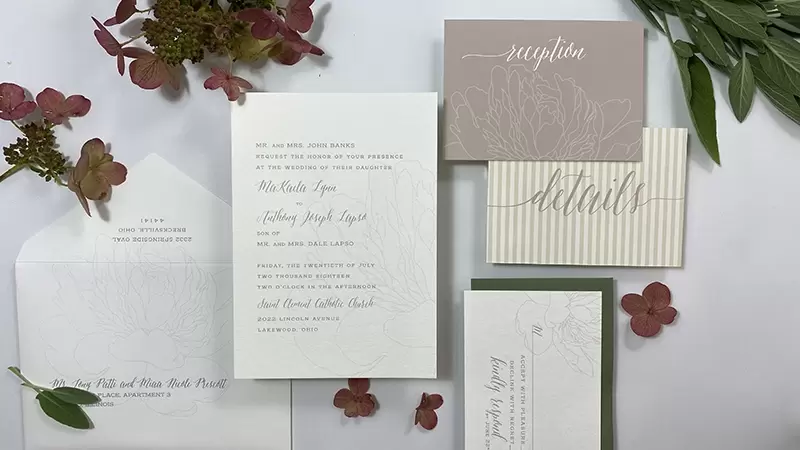 Taupe invitation suite includes floral outline, two sided details with stripes and reception with floral.