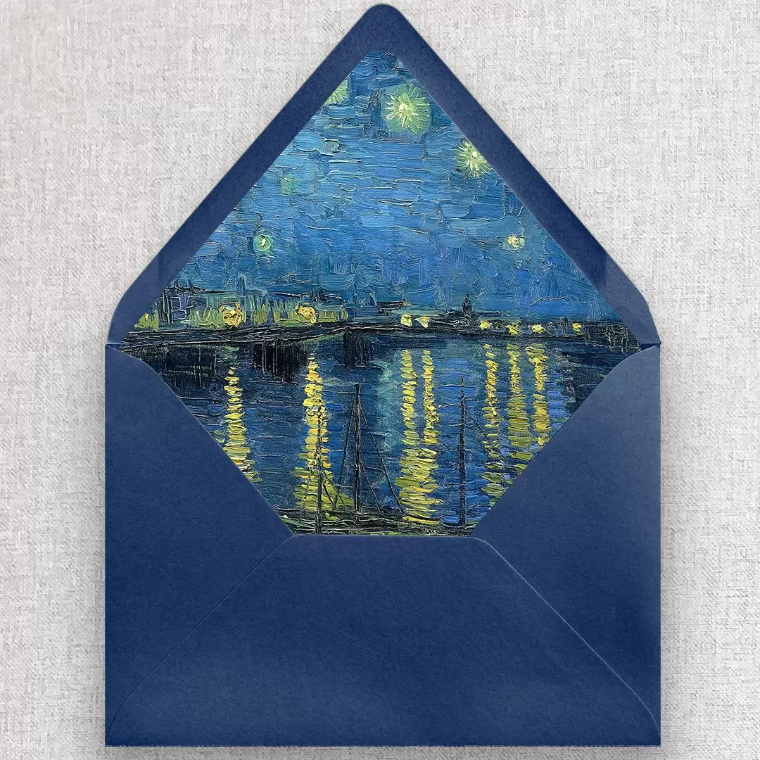 Navy blue envelope with Van Gogh's Over the Rhone print featuring reflections in the water.