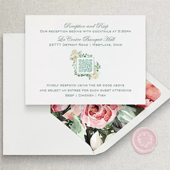 Letterpress reception card with digital qr code. Floral envelope liner plus light pink wax seal.