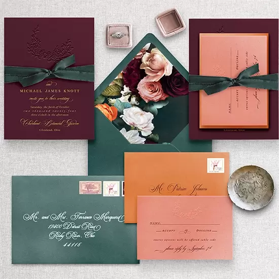 Burgundy, emerald invite suite includes emboss, deboss, letterpress, romantic colors and velvet ribbon.