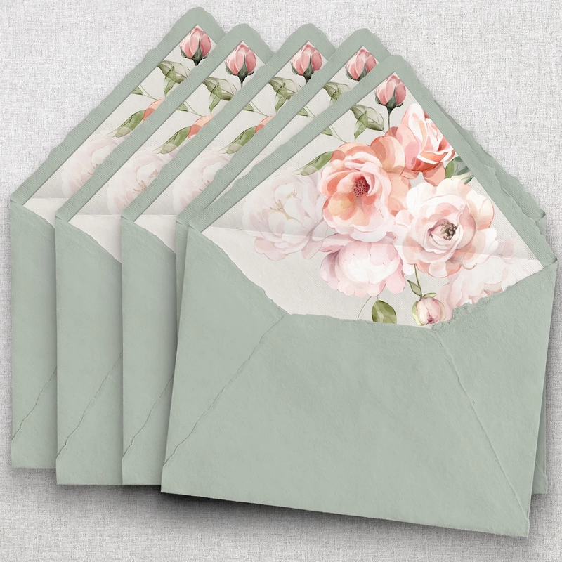 Sage green handmade envelope with dusty rose and blush envelope liner.
