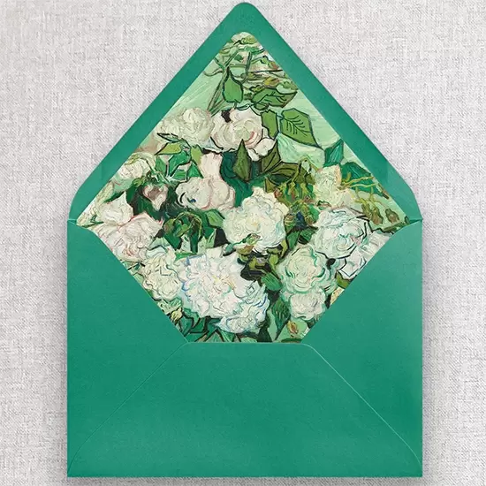 Teal green envelope lined with Van Gogh's Vase With Roses. The floral has creams and shades of greens.